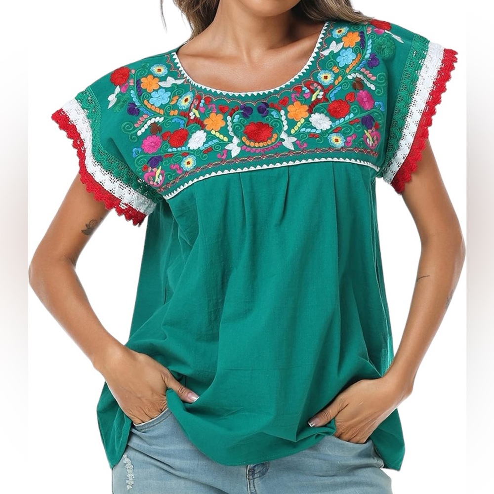 YZXDORWJ Mexican Embroidered Lace Traditional Colorful Blouse Tricolor Top NWT